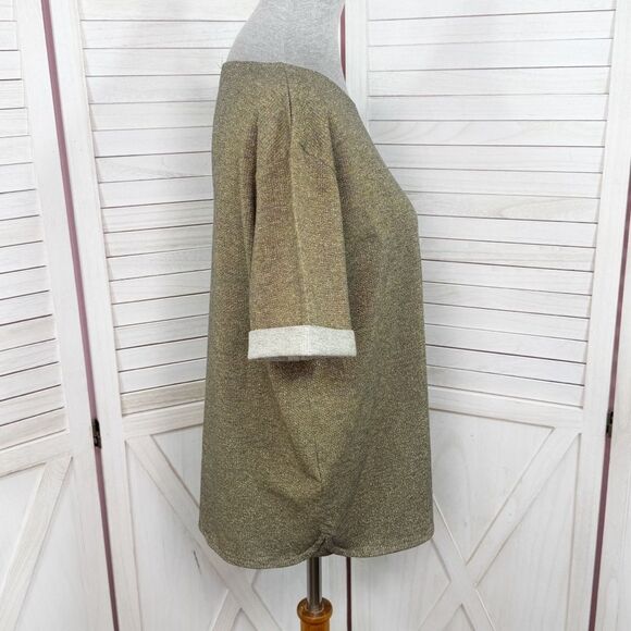 MNG Mango Cuffed Sleeve Metallic Shimmer Knit Tee Shirt Gold Small - Picture 3 of 12